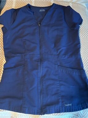 JAANUU women’s Navy Zip-Front Medical Scrub Top